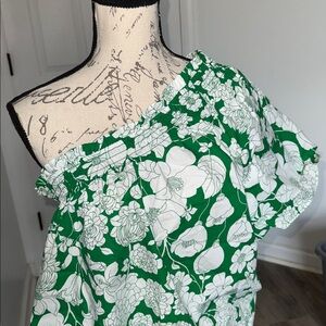 Jcrew L Green Floral Off-Shoulder Blouse